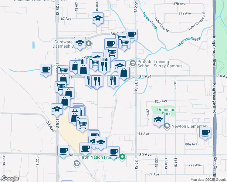 map of restaurants, bars, coffee shops, grocery stores, and more near 8342 130 Street in Surrey