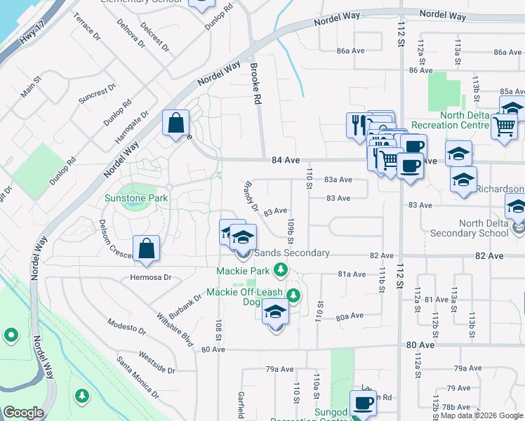 map of restaurants, bars, coffee shops, grocery stores, and more near 10895 83 Avenue in Delta
