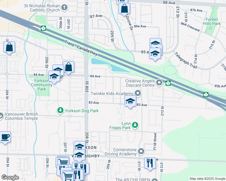 map of restaurants, bars, coffee shops, grocery stores, and more near 8343 209A Street in Langley