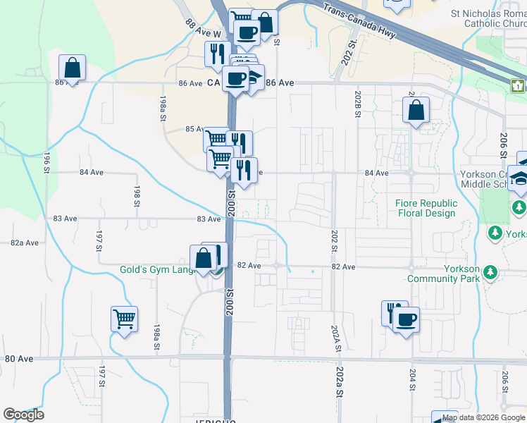 map of restaurants, bars, coffee shops, grocery stores, and more near 20052 83A Avenue in Langley Township