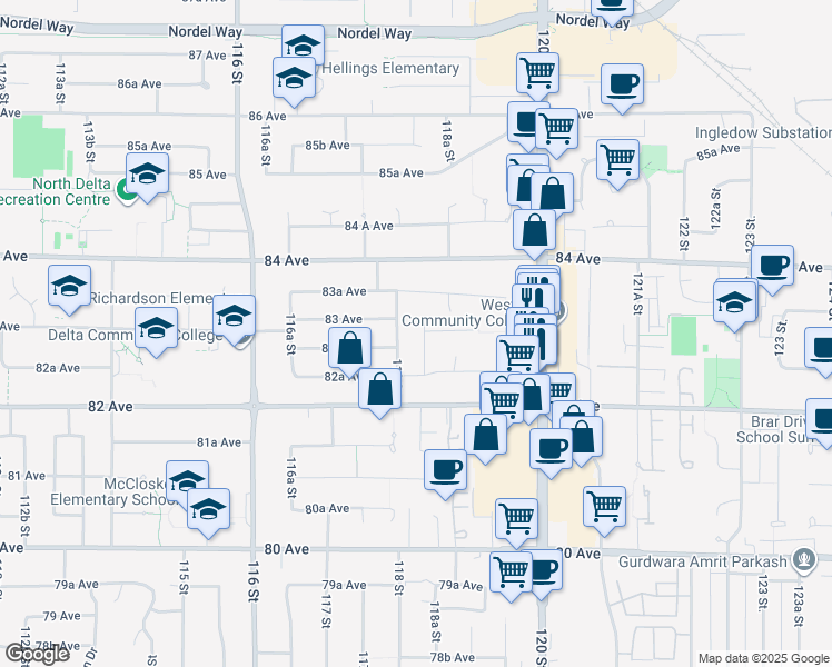 map of restaurants, bars, coffee shops, grocery stores, and more near 8303 118A Street in Delta