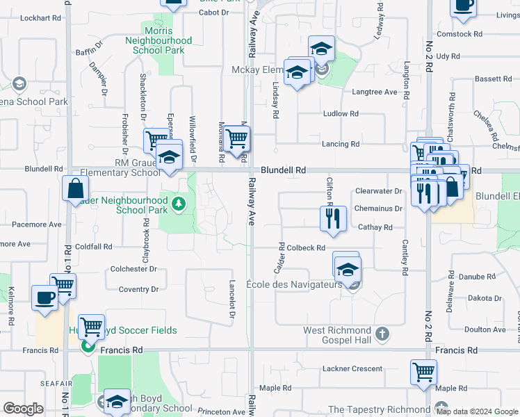 map of restaurants, bars, coffee shops, grocery stores, and more near 8160 Railway Avenue in Richmond