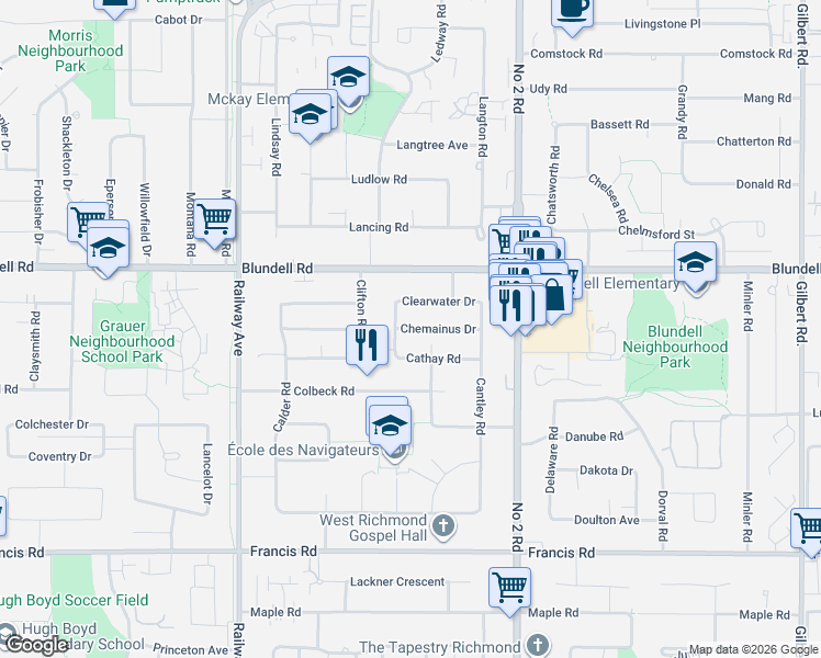 map of restaurants, bars, coffee shops, grocery stores, and more near Chemainus Drive in Richmond