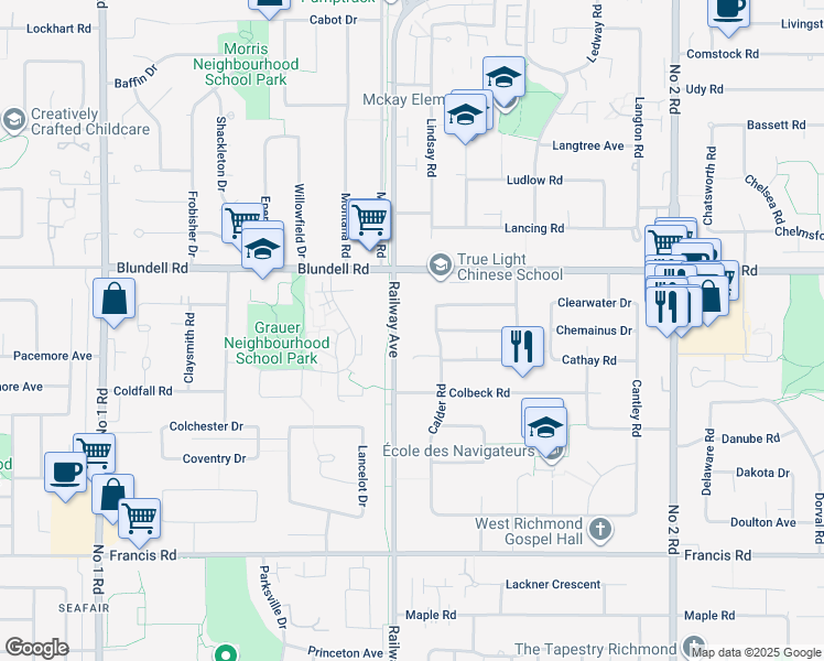 map of restaurants, bars, coffee shops, grocery stores, and more near 8160 Railway Avenue in Richmond
