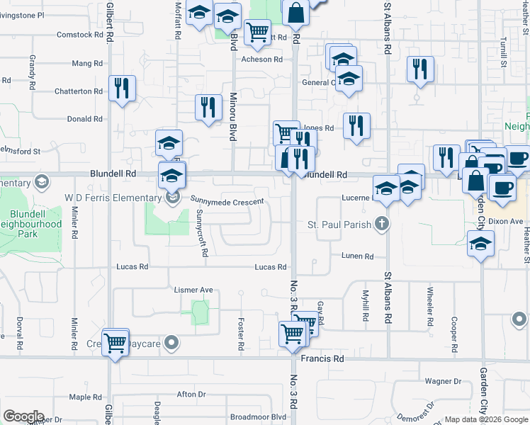 map of restaurants, bars, coffee shops, grocery stores, and more near 7940 Sunnymede Crescent in Richmond