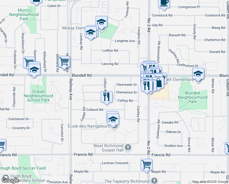 map of restaurants, bars, coffee shops, grocery stores, and more near Chemainus Drive in Richmond