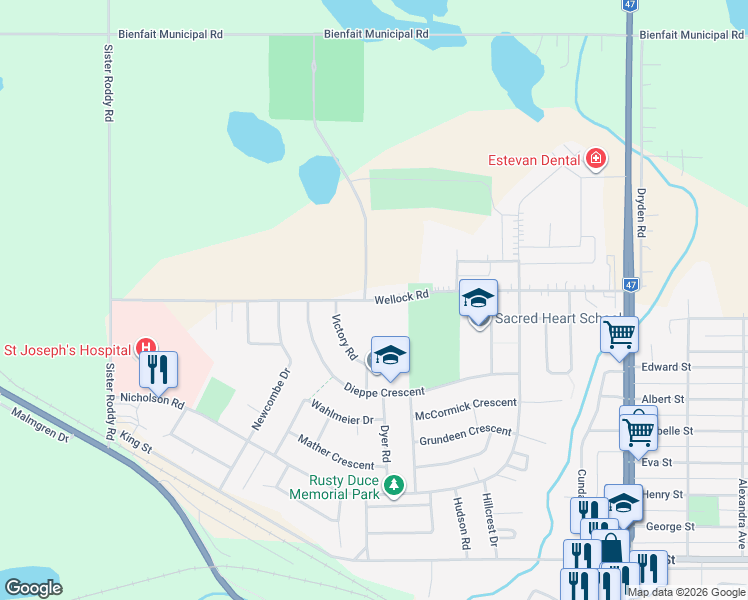 map of restaurants, bars, coffee shops, grocery stores, and more near Wellock Road in Estevan
