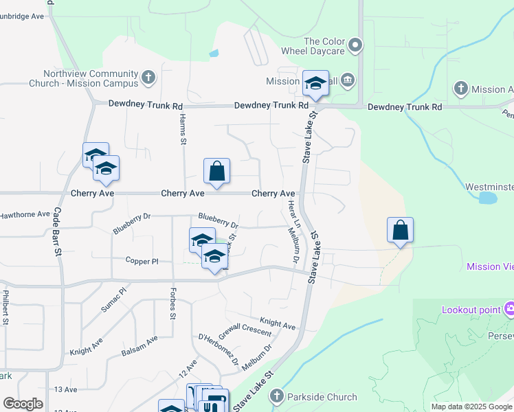 map of restaurants, bars, coffee shops, grocery stores, and more near 8365 Clerihue Court in Mission