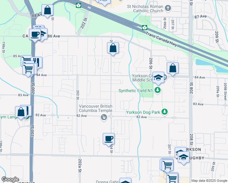 map of restaurants, bars, coffee shops, grocery stores, and more near 20443 83A Avenue in Langley