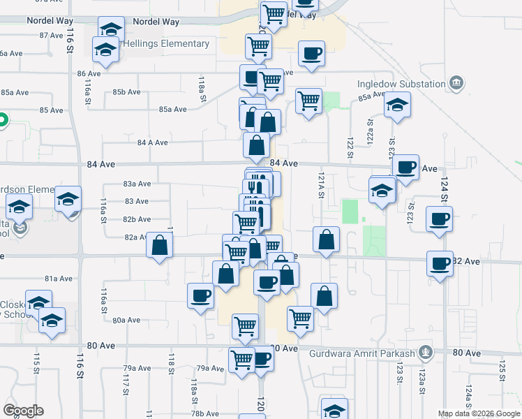 map of restaurants, bars, coffee shops, grocery stores, and more near 120 Street in Surrey