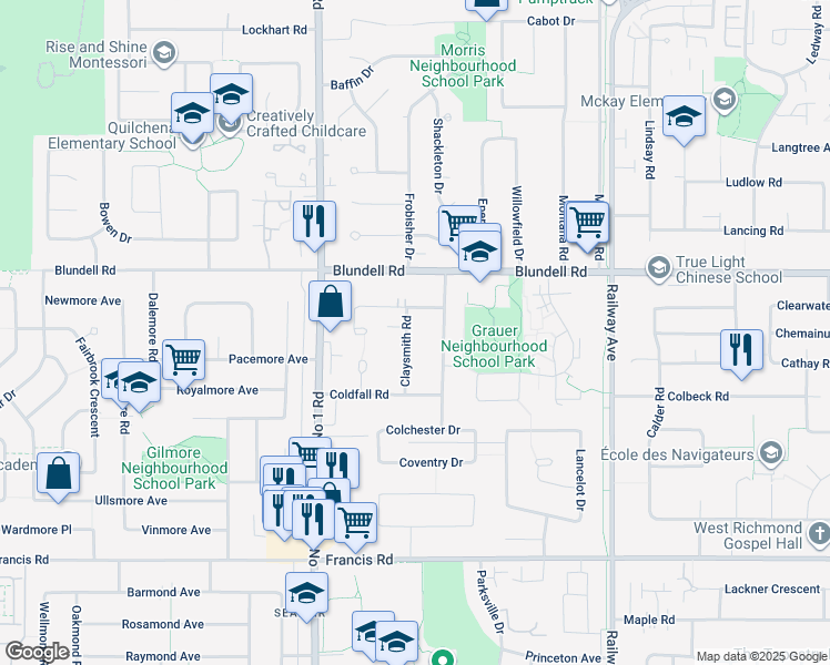 map of restaurants, bars, coffee shops, grocery stores, and more near 8128 Claysmith Road in Richmond