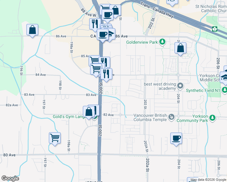 map of restaurants, bars, coffee shops, grocery stores, and more near 20052 83A Avenue in Langley Township