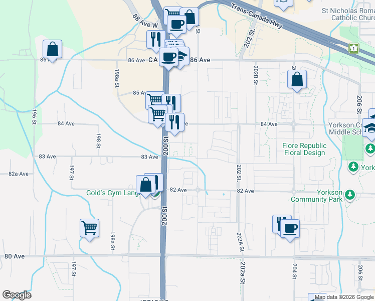 map of restaurants, bars, coffee shops, grocery stores, and more near 20052 83A Avenue in Langley Township