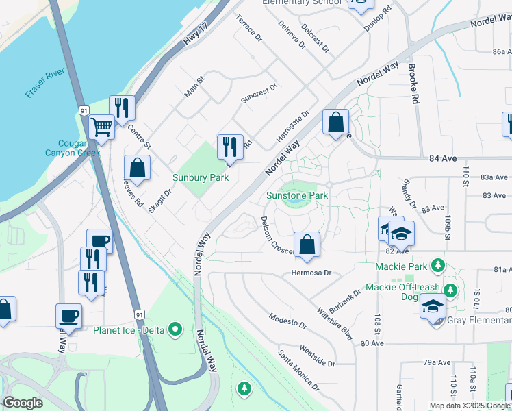 map of restaurants, bars, coffee shops, grocery stores, and more near 10415 Delsom Crescent in Delta