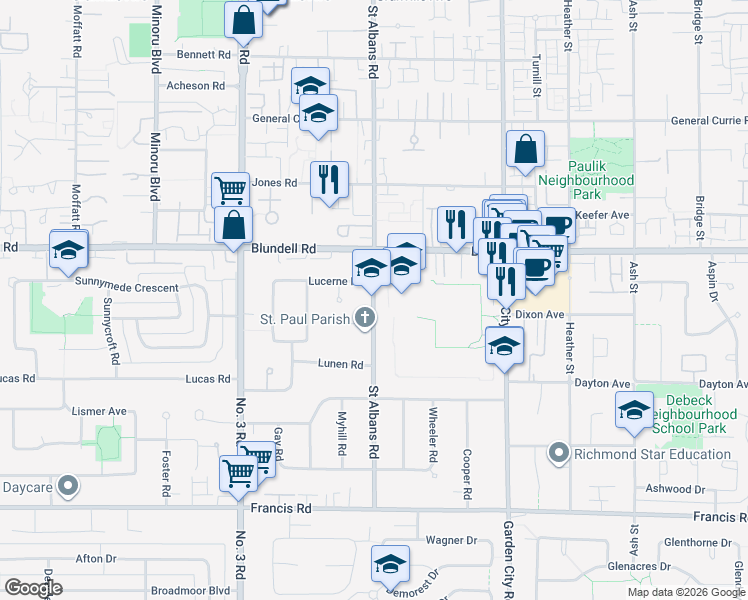 map of restaurants, bars, coffee shops, grocery stores, and more near 8160 St. Albans Road in Richmond