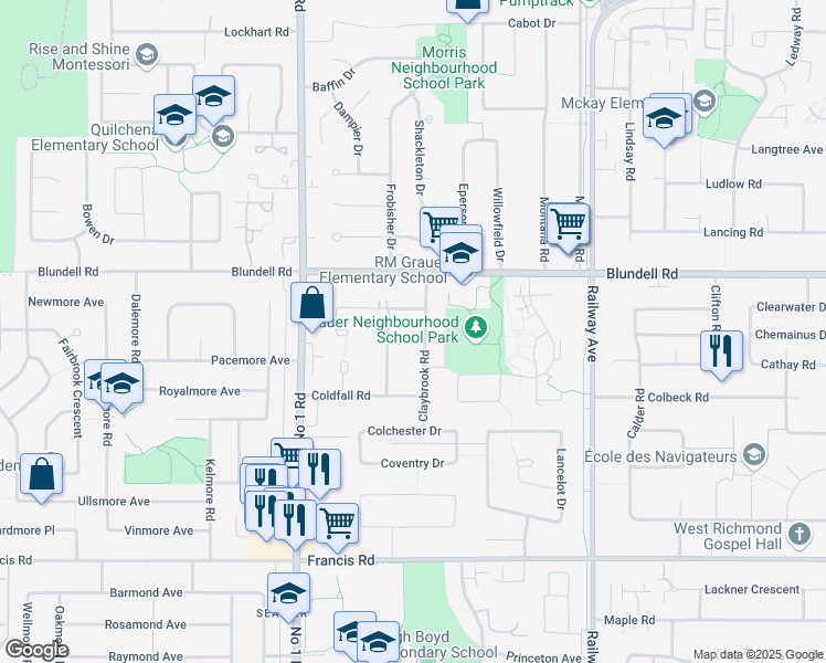 map of restaurants, bars, coffee shops, grocery stores, and more near 8131 Claybrook Road in Richmond