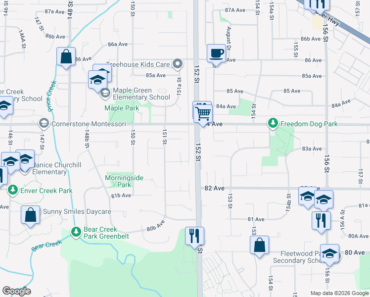 map of restaurants, bars, coffee shops, grocery stores, and more near 8298 151A Street in Surrey
