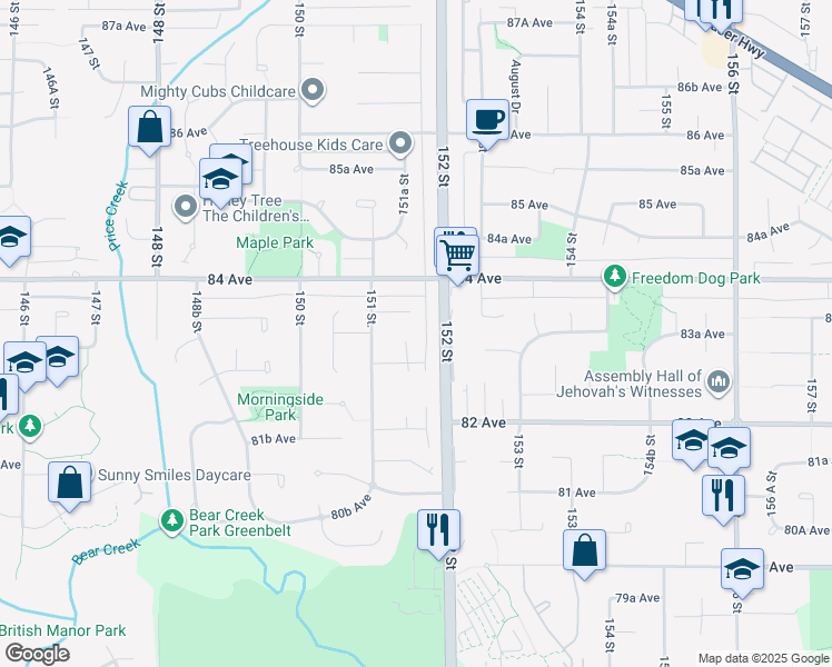 map of restaurants, bars, coffee shops, grocery stores, and more near 8298 151A Street in Surrey