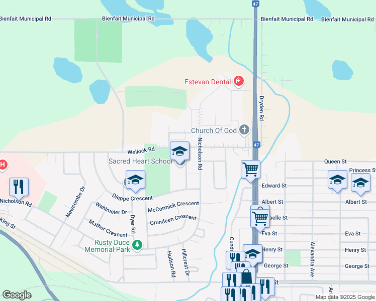 map of restaurants, bars, coffee shops, grocery stores, and more near 1853 Gibbs Road in Estevan