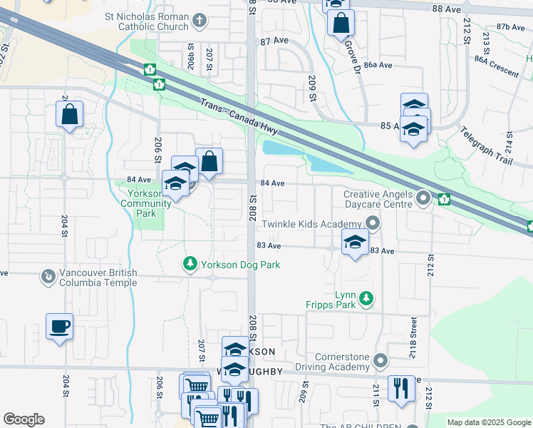 map of restaurants, bars, coffee shops, grocery stores, and more near 8347 208B Street in Langley Township