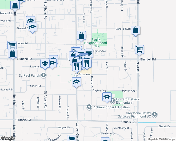 map of restaurants, bars, coffee shops, grocery stores, and more near 9100 Blundell Road in Richmond