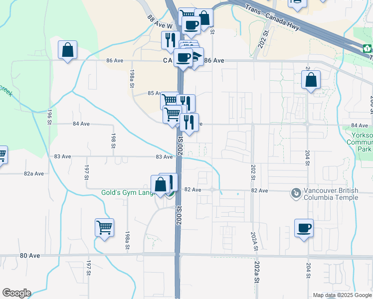 map of restaurants, bars, coffee shops, grocery stores, and more near 20018 83A Avenue in Langley Township