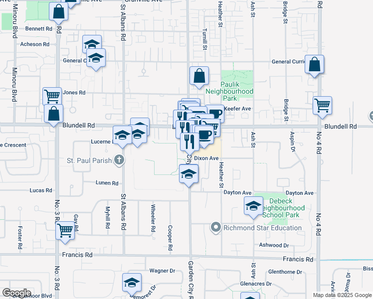 map of restaurants, bars, coffee shops, grocery stores, and more near 8151 Garden City Road in Richmond