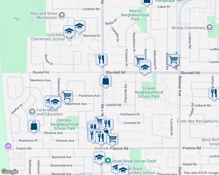 map of restaurants, bars, coffee shops, grocery stores, and more near 8131 Corless Place in Richmond