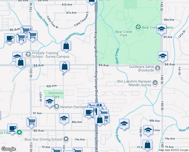 map of restaurants, bars, coffee shops, grocery stores, and more near 105 King George Boulevard in Surrey