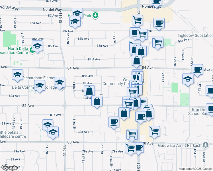map of restaurants, bars, coffee shops, grocery stores, and more near 8305 118A Street in Delta