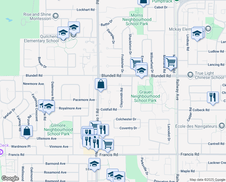 map of restaurants, bars, coffee shops, grocery stores, and more near 8120 Corless Place in Richmond