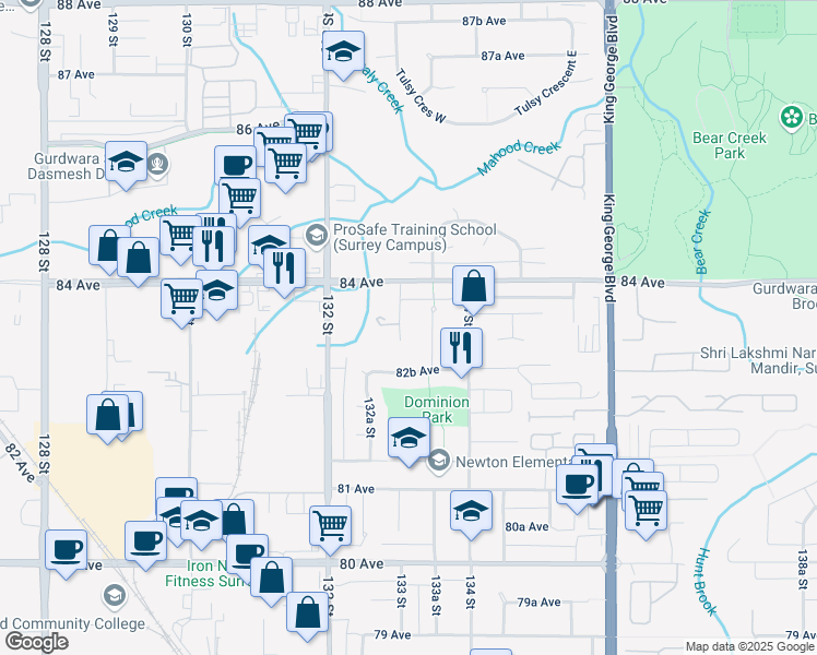 map of restaurants, bars, coffee shops, grocery stores, and more near 8348 133 Street in Surrey
