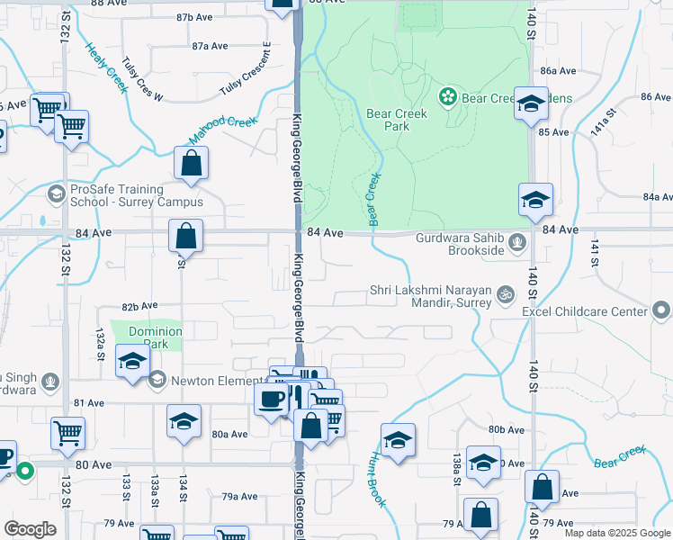 map of restaurants, bars, coffee shops, grocery stores, and more near 13660 84 Avenue in Surrey