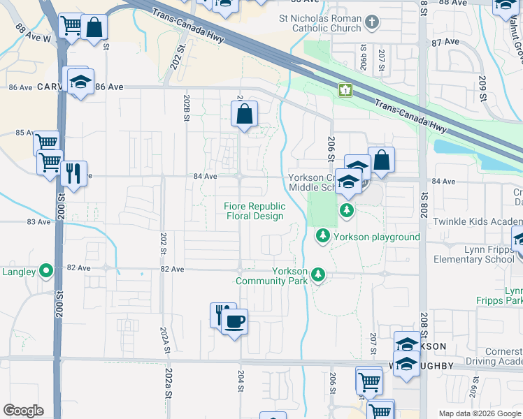 map of restaurants, bars, coffee shops, grocery stores, and more near 20443 83A Avenue in Langley Township