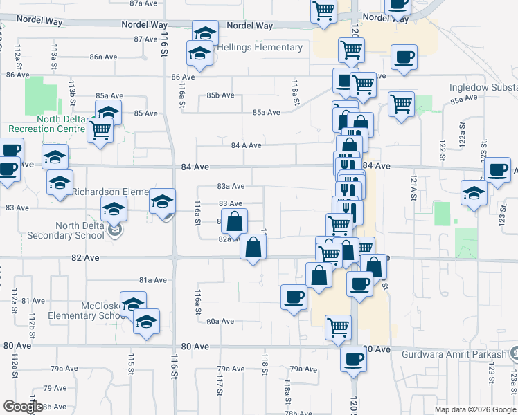 map of restaurants, bars, coffee shops, grocery stores, and more near 11780 83A Avenue in Delta