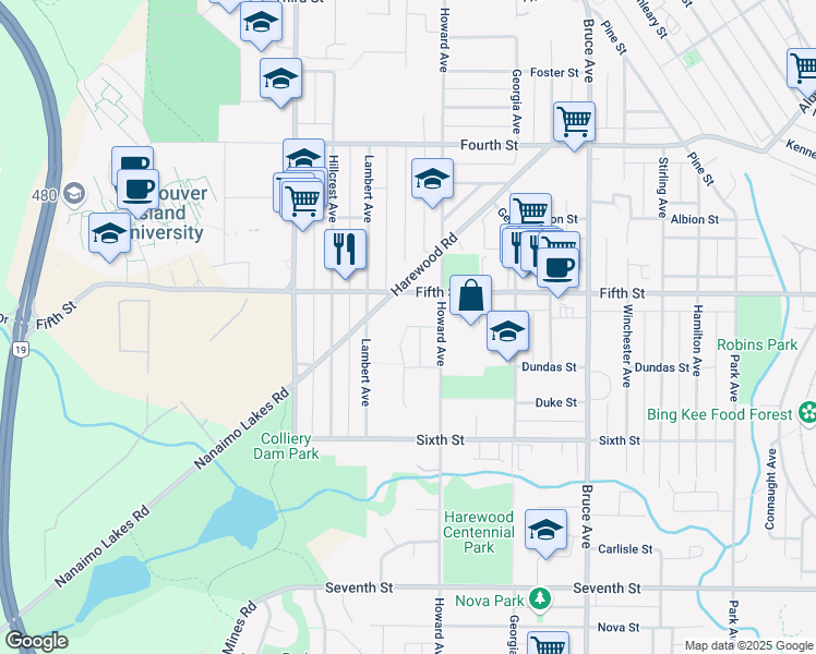 map of restaurants, bars, coffee shops, grocery stores, and more near 607 Sandy Court in Nanaimo