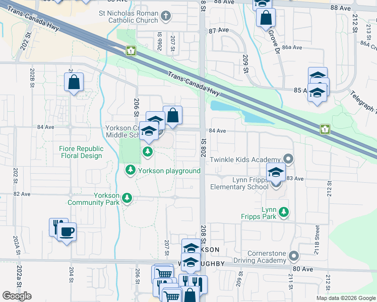 map of restaurants, bars, coffee shops, grocery stores, and more near in Langley Township