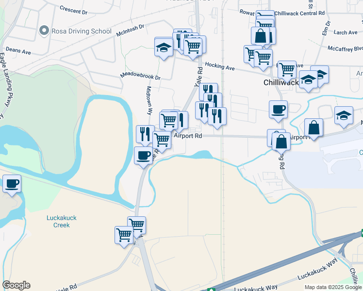 map of restaurants, bars, coffee shops, grocery stores, and more near 45680 Airport Road in Chilliwack