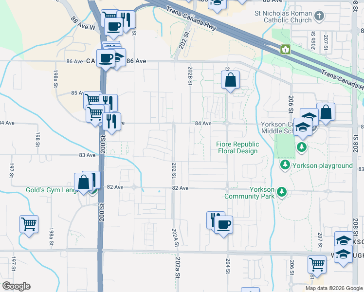 map of restaurants, bars, coffee shops, grocery stores, and more near 8371 202B Street in Langley Township
