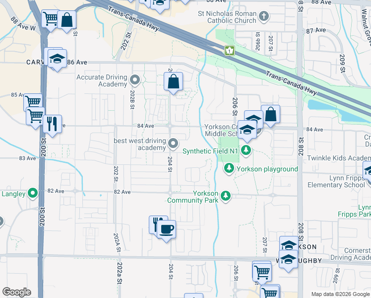 map of restaurants, bars, coffee shops, grocery stores, and more near 20443 83A Avenue in Langley Township
