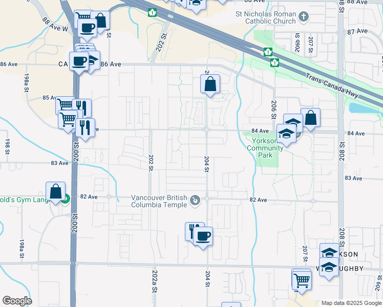 map of restaurants, bars, coffee shops, grocery stores, and more near in Langley Township