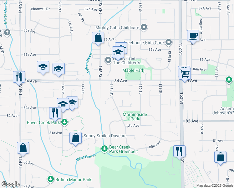 map of restaurants, bars, coffee shops, grocery stores, and more near 14906 83A Avenue in Surrey