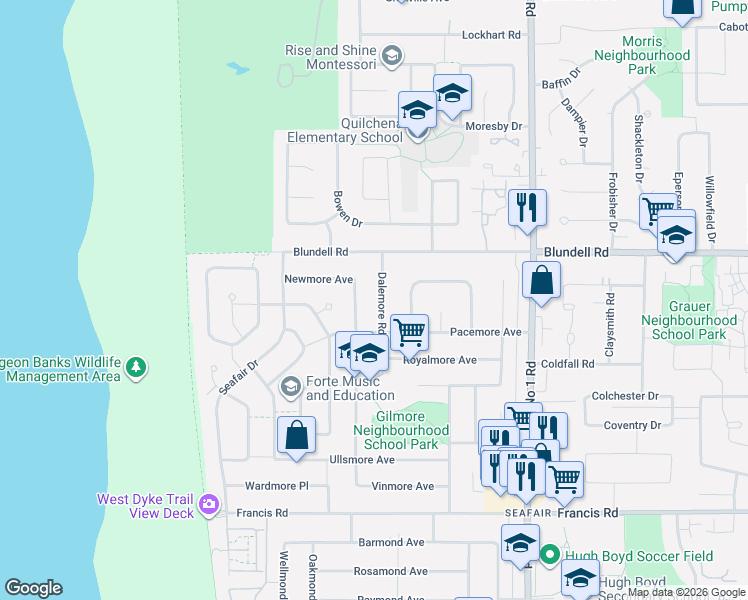 map of restaurants, bars, coffee shops, grocery stores, and more near 8151 Dalemore Road in Richmond
