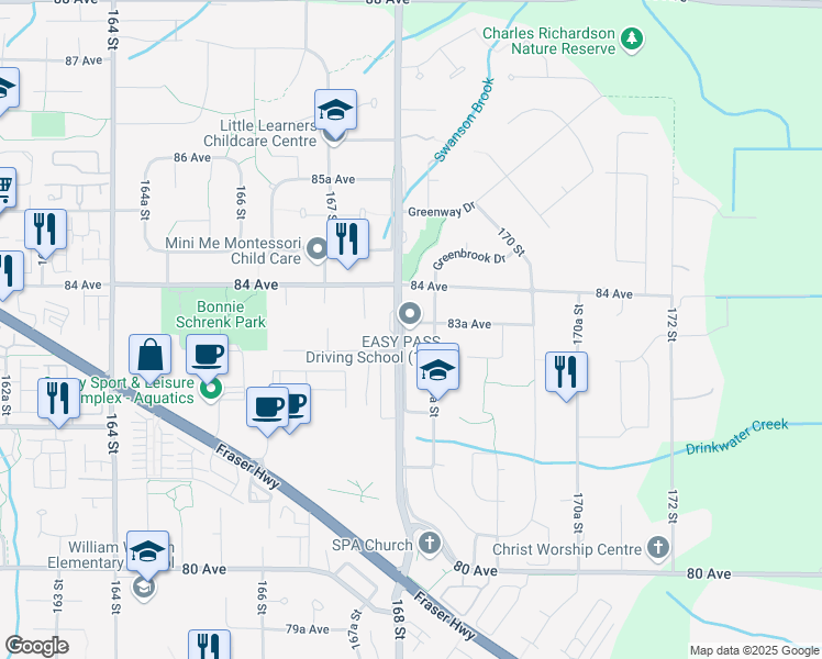 map of restaurants, bars, coffee shops, grocery stores, and more near 16808 83A Avenue in Surrey