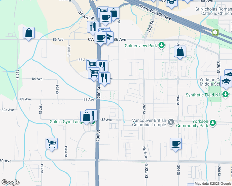 map of restaurants, bars, coffee shops, grocery stores, and more near 8327 201 Street in Langley Township