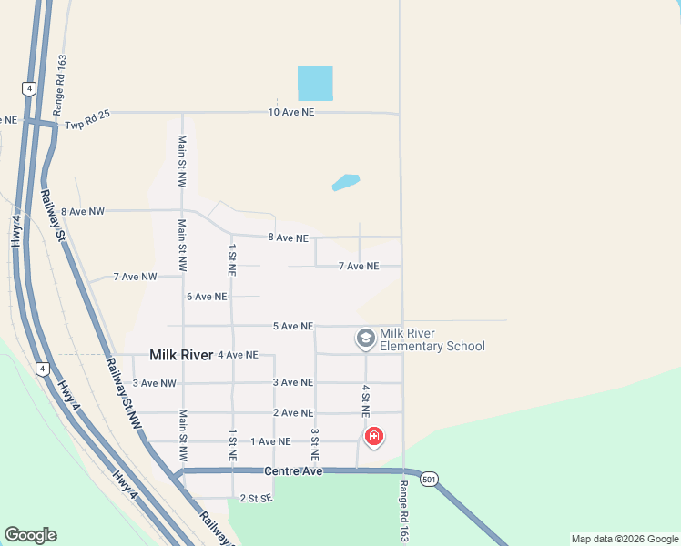 map of restaurants, bars, coffee shops, grocery stores, and more near 420 7 Avenue Northeast in Milk River