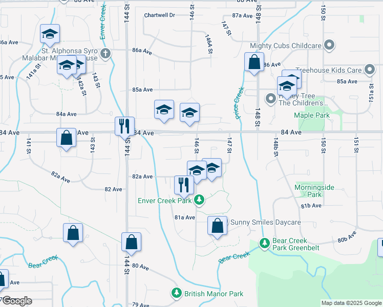 map of restaurants, bars, coffee shops, grocery stores, and more near 8333 146 Street in Surrey