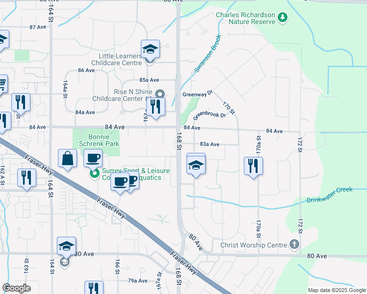 map of restaurants, bars, coffee shops, grocery stores, and more near 16808 83A Avenue in Surrey