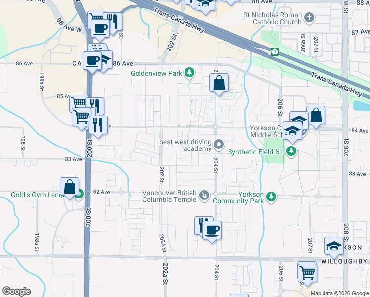 map of restaurants, bars, coffee shops, grocery stores, and more near 8370 202B Street in Langley Township