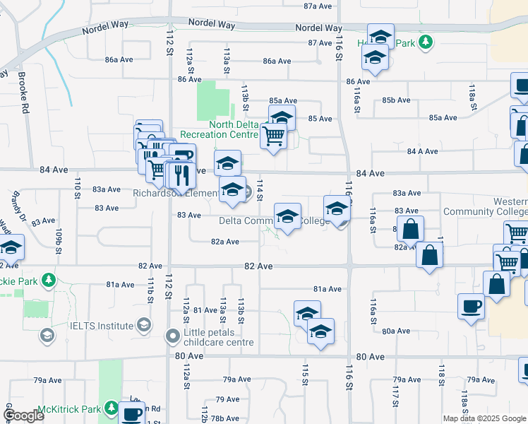 map of restaurants, bars, coffee shops, grocery stores, and more near 11415 83 Avenue in Delta
